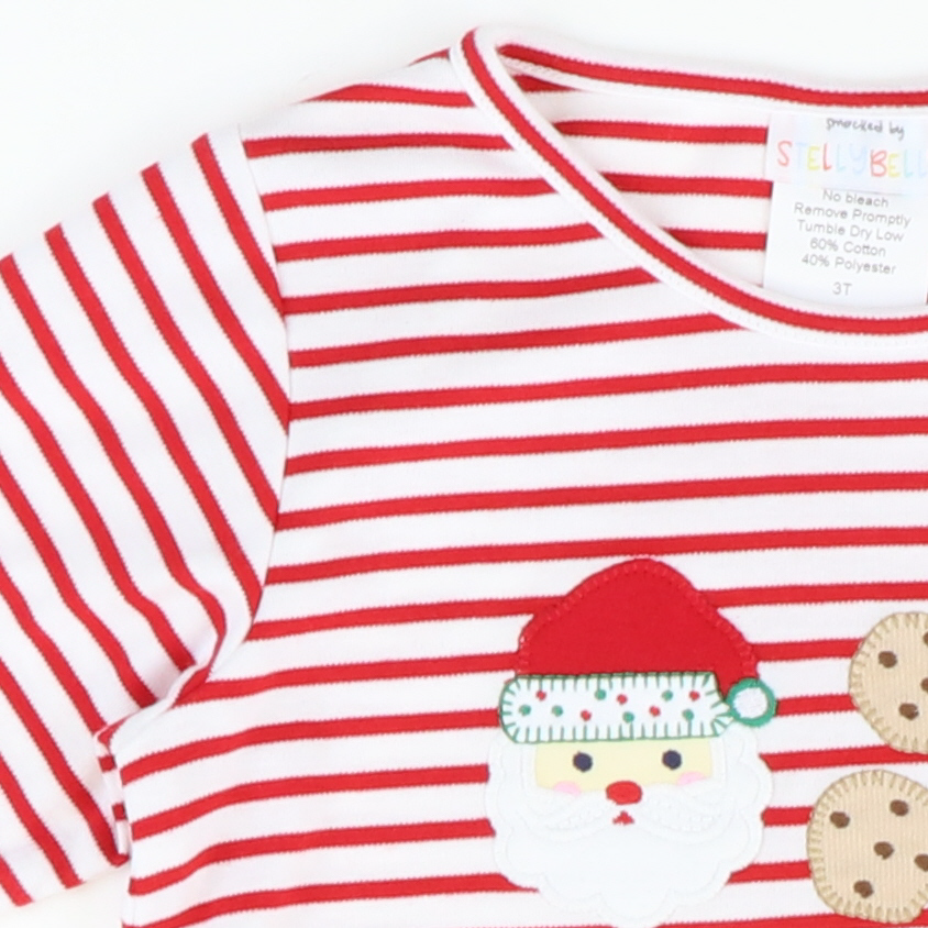 Appliquéd Christmas Eve Ruffle Top - Red Stripe Knit