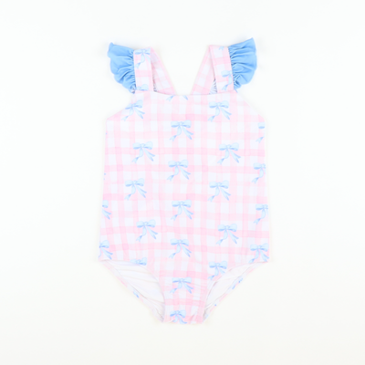 Blue Bows & Pink Check One-Piece Swimsuit