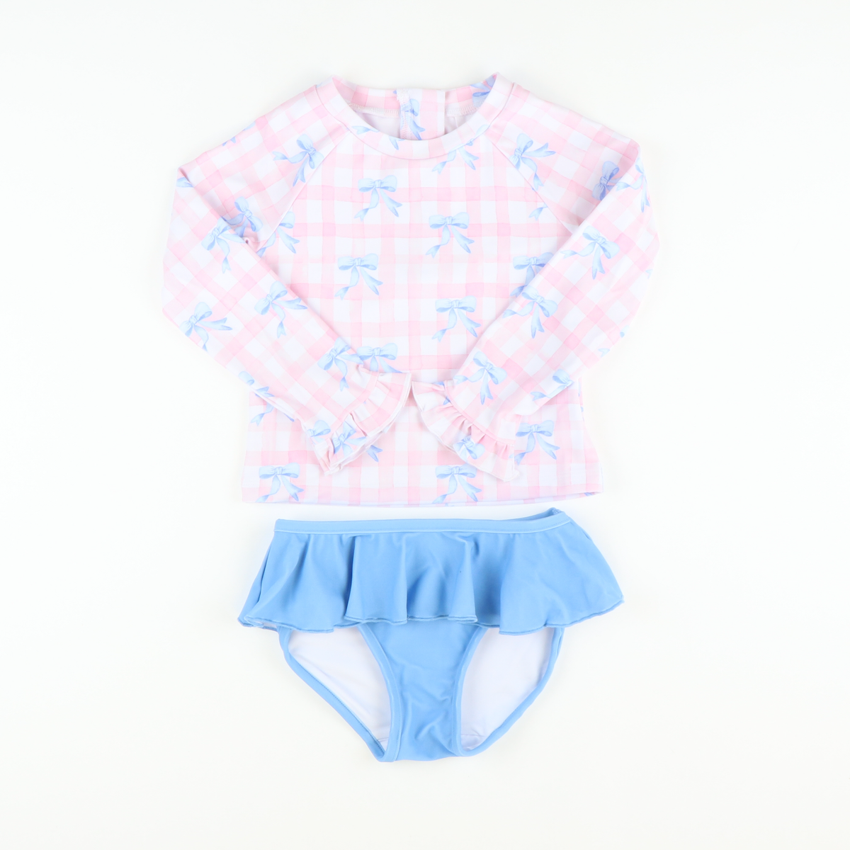 Blue Bows & Pink Check Two-Piece Long Sleeve Rash Guard