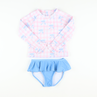 Blue Bows & Pink Check Two-Piece Long Sleeve Rash Guard